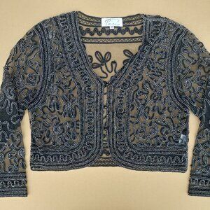 Vintage sheer black cardigan top with beautiful black and silver beading…